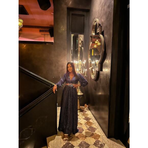 DELFI Collective Cerise Cutout Middle Blue Metallic Gold Dotted Gown Dress L - Picture 6 of 15